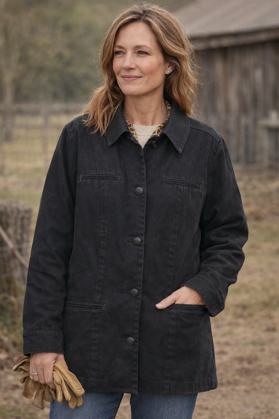 Chico's Denim Chore Jacket Size Large Black Trench Barn Satin Lined
